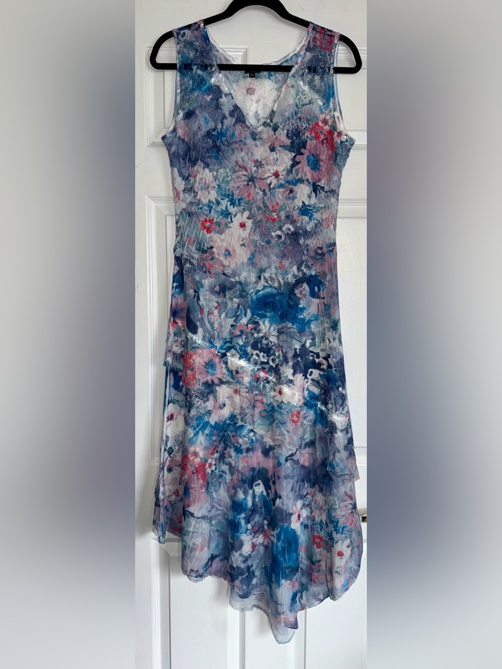 $378 KOMAROV Blue Floral Lace Crinkle Charmeuse Asymmetric Layered Midi Maxi XL